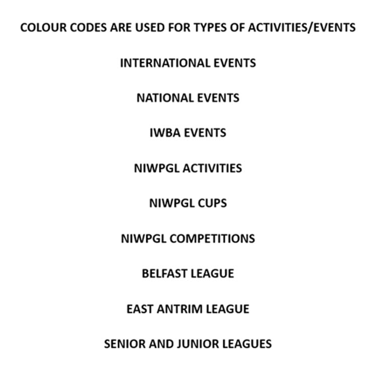 NIWPGL Event Calendar Colour Codes 2026