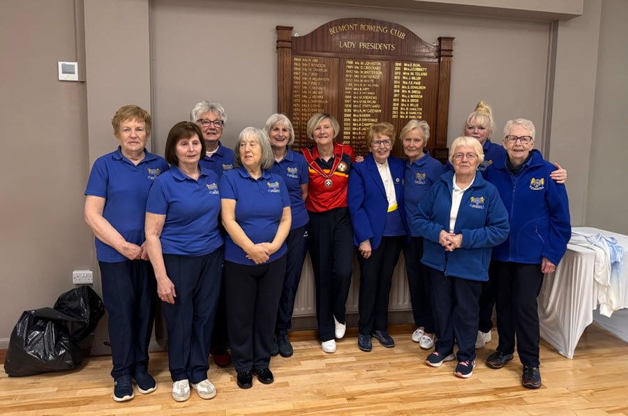 NIWPGL 2026 Flag Unfurling at Belmont BC   The NIWPGL President Moya Crunden with the Belmont BC Ladies Committee