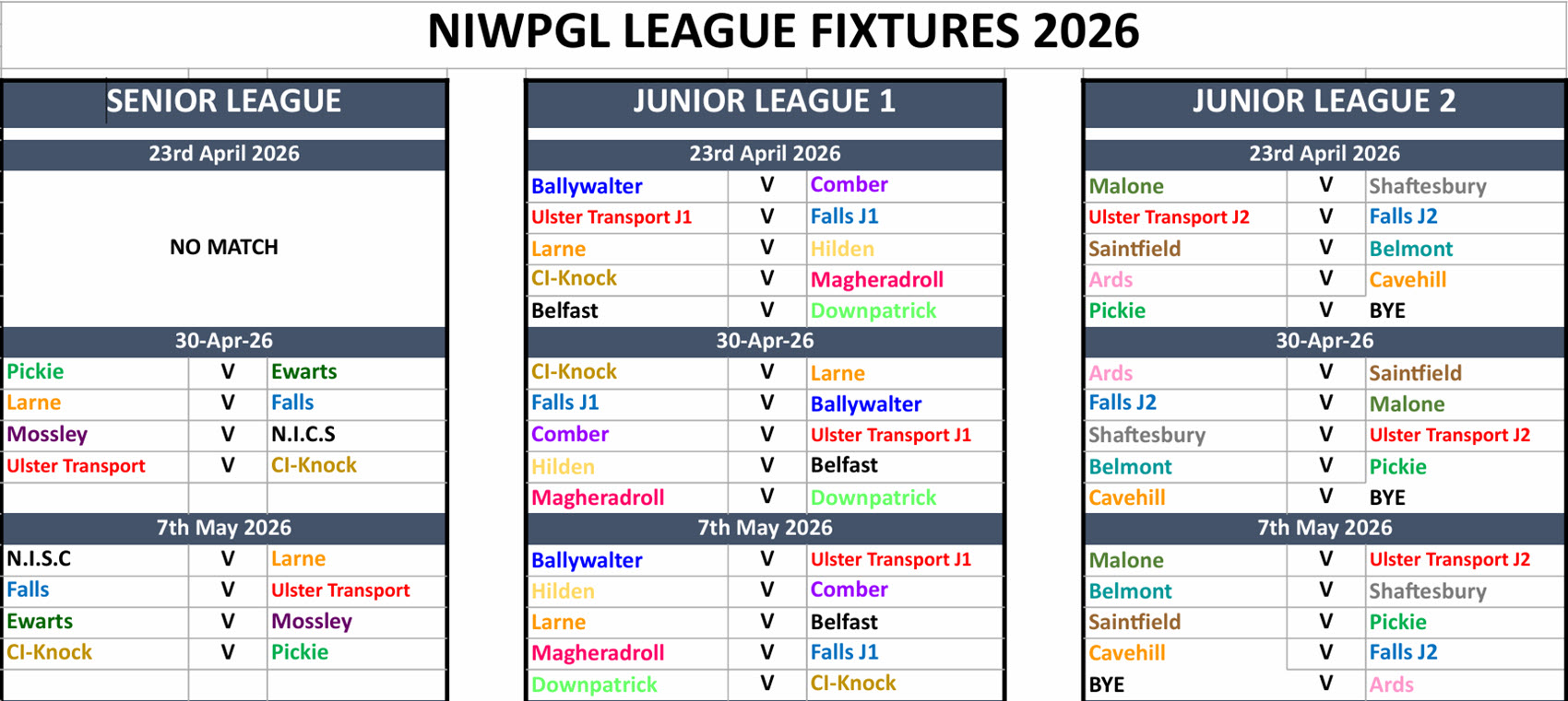 NIWPGL release fixture schedule for the Senior and Junior Leagues 2026 Season