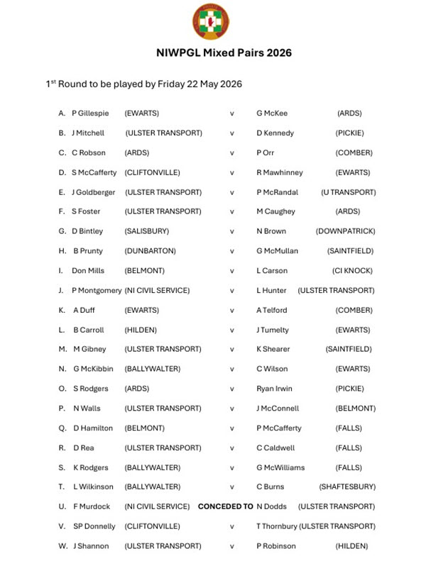 NIWPGL Mixed Pairs Round 1 Draw 2026 Part 1